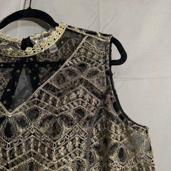 Y2K Vintage Top Women Large Black Lace Sheer Gold Metallic Crochet Glam Art Deco - Picture 5 of 10